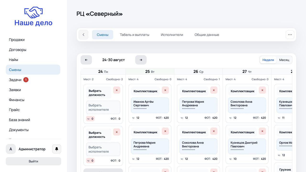 Календарь почасовых смен